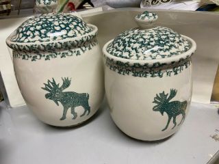 2 Folk Craft Moose Country By Tienshan Canisters Covered Green Cream 8 - 10 "