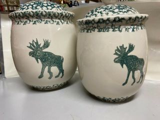 2 Folk Craft Moose Country by TIENSHAN Canisters Covered Green Cream 8 - 10 