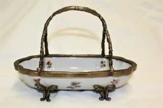 Wong Lee 1895 Porcelain Basket W/bronze Handle,  Cracked Glaze