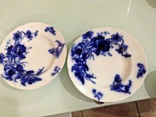 2 Pc.  Set Flow Blue 9 " Salad Soup Bowls Gold Trim Stamped Floral Pattern Good Co