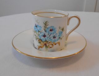Vintage Aynsley England Demitasse Cup Saucer Light Blue Floral Bouquet Gold Bow