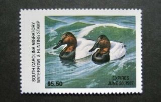 1986 South Carolina State Duck Migratory Waterfowl Stamp Mnhog Hunter - Type