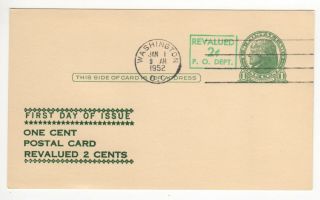 Sss: Classic Revalued Postal Card Fdc 1952 2c On 1c Jefferson Sc Ux39
