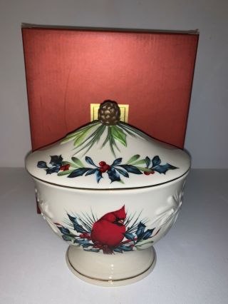 Lenox American By Design Red Cardinal Bird Winter Greetings Covered Candy Dish 2
