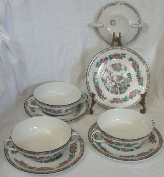 4 John Maddock & Sons England Indian Tree Cream Soup Cups And Underplates