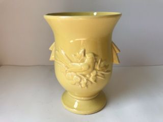Vintage Mccoy Vase Yellow Bird Berries Cardinal Urn Pottery Made In Usa Embossed