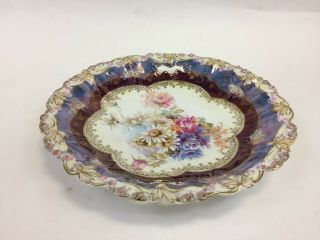 Rs Germany Handled Cake Plate Bowl Pink Blue Molded Flowers 10 3/4 " Vintage