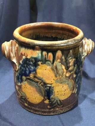 Studio Art Pottery Handled Crock With Drip Glaze Grape And Lemon Design Signed