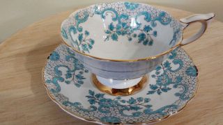 Royal Stafford Tea Cup Saucer Set Aqua Blue /white /gold England