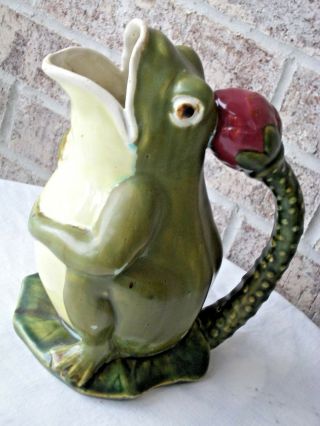 Vintage Majolica Pottery Frog On Lilly Pad Pitcher 10 " Tall