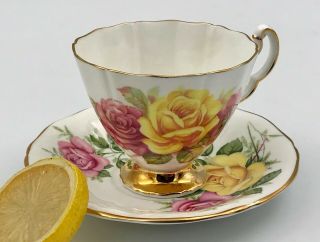 Adderley Yellow Pink Cabbage Roses Footed Teacup & Saucer Bone China England