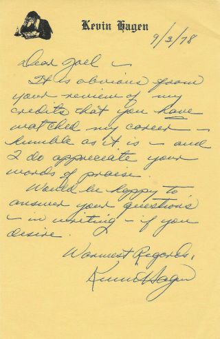 Kevin Hagen Vintage Hand Written Autographed Letter Dr Baker Little House