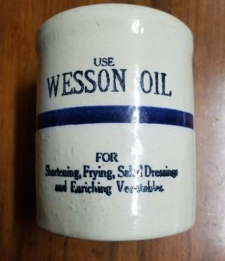 Vintage Wesson Oil Stoneware Crock With Blue Band Advertising Beater Jar Pottery
