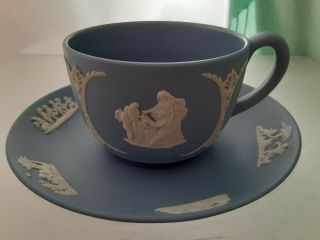 1955 Wedgwood Blue Jasperware Tea Cup Saucer And 1953 Tea Cup Cupids