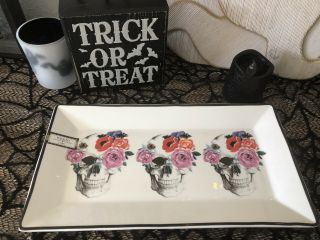 Ciroa Wicked Floral Pink Roses Skull Halloween Serving Tray Platter