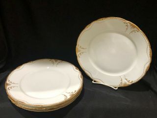 Set Of 4 Theodore Haviland Limoges Double Gold Trim Dinner Plates,  Scallop Edge