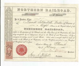 1865 Northern Railroad. ,  Stock Certificate W/revenue Stamp