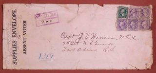 1918 Registered Cover Absent Voter - Capt.  Jv Winans Mrc 16¢ Rate B5s1