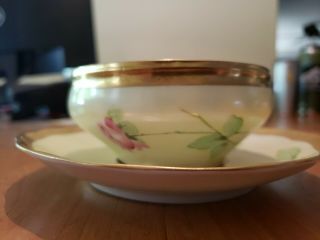 Ginori Handpainted Teacup/saucer W Pink Rose/heavy Gold Gilding