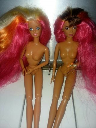 2 Barbie Multi Color Red Yellow Brown Long Hair Articulated Dolls