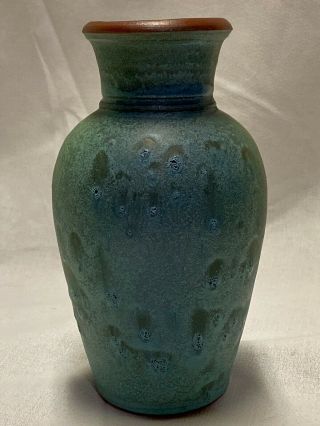 Turquoise Terracota Hand Crafted Textured Pottery 7” Vase Rustic Signed