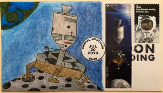 2019 Moon Landing Pictorial Cancel Fdc Hand Drawn Cachet Canada Post Combo