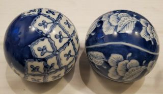 2 Vintage Blue & White Ceramic Carpet Balls - Lovely Floral Designs 3 1/2 " Diam.