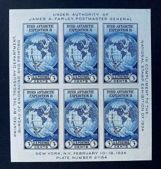 Us Stamps,  Scott 735 Byrd Antarctic Expedition Souvenir Sheet 1934 Xf/superb