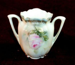 Pretty Rs Prussia 2 Handled Toothpick Holder - Pink Rose Decoration W/ Gold
