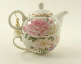 Porcelain Rose Teapot Set,  Tea For One,  By Delton Products Collectable Flowers