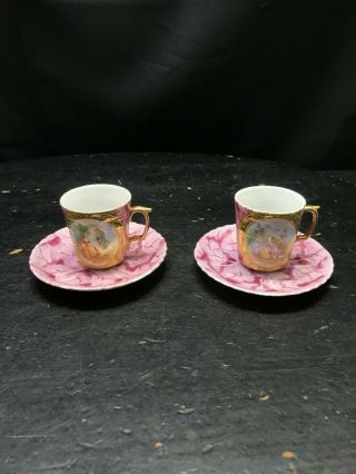 Set Of 2 Victoria Carlsbad Gold Austria Tea Cups And Saucers People Picnic Type
