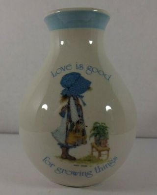 Holly Hobbie Blue Girl Stoneware Vase Love.  Good For Growing Things 1978 4 1/8 "