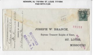 1894 Registered Cover From Newark,  Nj To St.  Louis,  Mo (knights Of Honor)