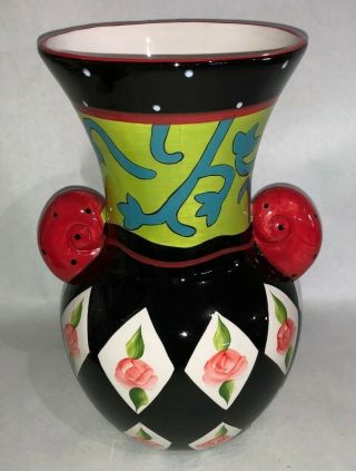 Giftcraft Vase Joyce Shelton Tea Party Whimsical Roses Black Red 10 "
