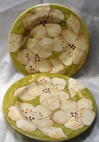 Gates Ware Laurie Gates Cream Flowers On Green Salad Plates X3