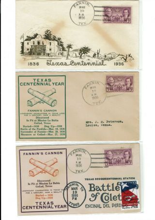 776 Fannin Texas Centennial 3/19/1936 " Battle Of Perdido " 3 Covers