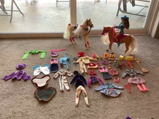 Huge Lot—barbie,  Western Clothing And Her 2 Horses