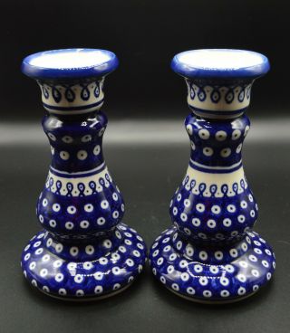 Boleslawiec Polish Pottery Peacock Eye Candlesticks Blue 6 - 1/2 Inches Tall