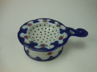 Antique Porcelain Tea Strainer Hand Painted Florals Cobalt Trim