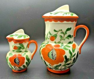 Vintage Erphila Art Pottery Czech Jugs With Lids Hand Painted Poppies