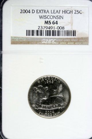 2004 - D Ngc Ms64 Wisconsin Extra Leaf Low State Quarter B11813