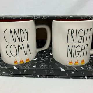 Rae Dunn Candy Coma And Fright Night Mugs Halloween Candy Corn Coffee Mug Set