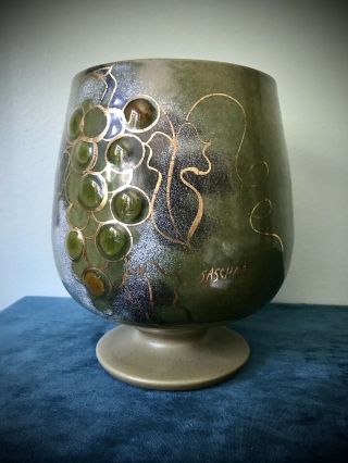 Sascha Brastoff Enamel Over Copper Urn Vase,  Green Grapes / Gold Vines,  Signed
