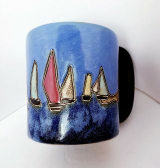 Vintage Mara Mex Pottery Coffee Hand Crafted Made Mug Sailboat Beach 4 " X 3 3/4 "