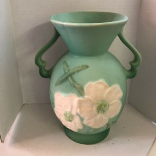 Vintage Weller Pottery Green Vase White Flowers 10 "