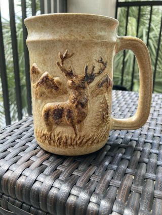 Pottery Craft Large Coffee Mug Beer Stein Buck Deer 3d Vintage Stoneware Rare