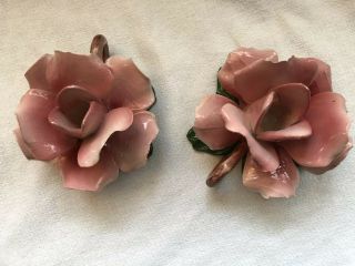 2 - Large Vintage Capodimonte Pink Rose Porcelain Taper Candle Holders 6”x6”x 4”