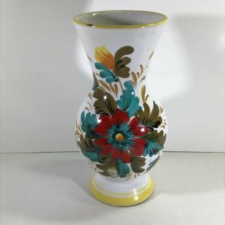 Vintage Italian Pottery Floral Vase Hand Painted And Signed Yellow White 10”
