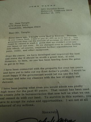 John Wayne Personal Letter To A Fan Explanation About Land Purchase/development