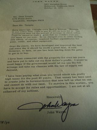 John Wayne Personal Letter To A Fan Explanation About Land Purchase/Development 2